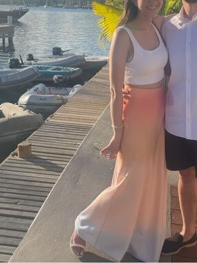 Significant Other Maxi Ombre Satin Skirt in Peach to Pale Blue